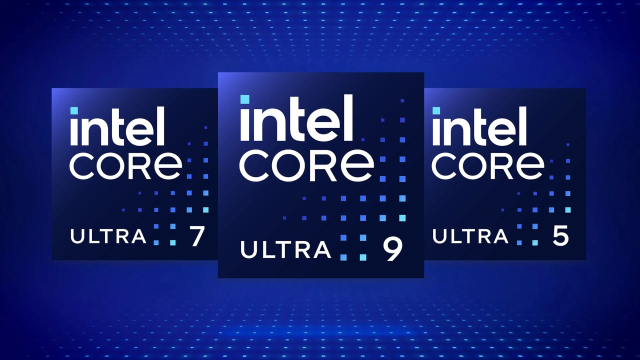 Tres logos azules de Intel Core Ultra 7, 9 y 5 sobre un fondo azul con un patrón de puntos más claros.