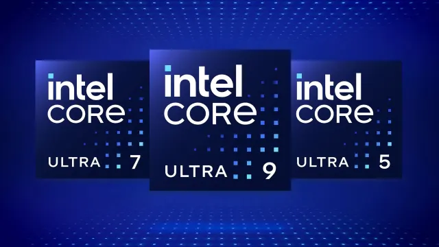 Tres logos azules de Intel Core Ultra 7, 9 y 5 sobre un fondo azul con un patrón de puntos más claros.