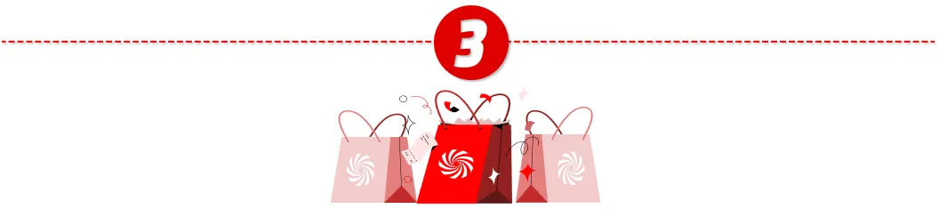 Bolsas de compra rosas y rojas con un número tres rojo en un círculo en la parte superior.