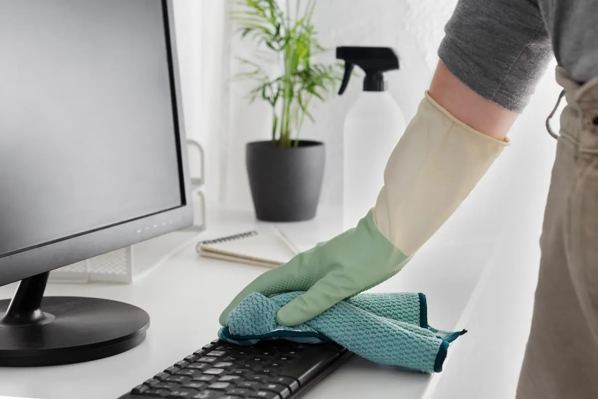 Persona limpiando un teclado con un paño azul y guantes, junto a un monitor y productos de limpieza sobre un escritorio blanco.