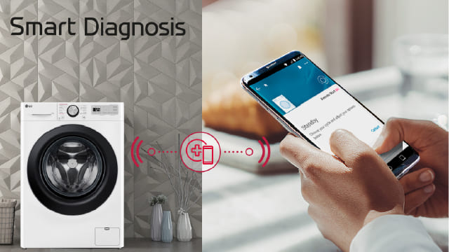 Lavadora LG y smartphone conectados; función Smart Diagnosis en pantalla.