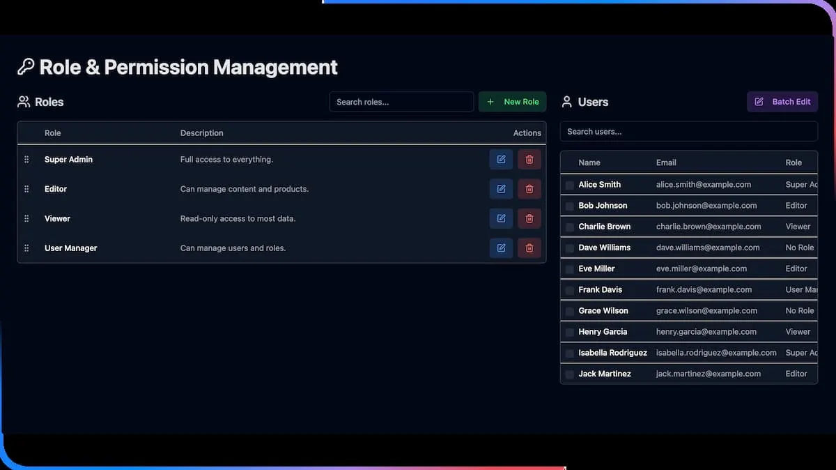 Pantalla de gestión de roles y permisos con lista de roles y usuarios.