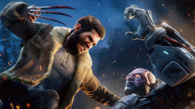 Añado el alt text: Lobezno sin máscara, con chaqueta de piel y garras extendidas, ataca a un robot humanoide entre chispas en un entorno nocturno nevado