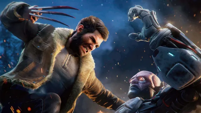 Añado el alt text: Lobezno sin máscara, con chaqueta de piel y garras extendidas, ataca a un robot humanoide entre chispas en un entorno nocturno nevado