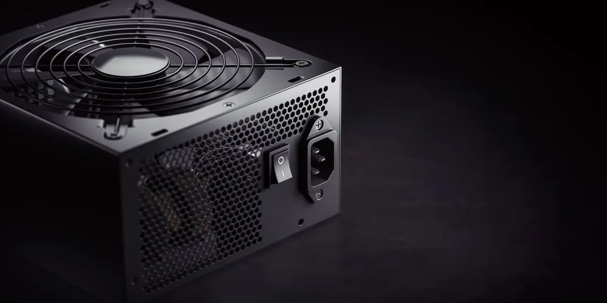Fuente de poder negra para PC con ventilador y conectores visibles sobre fondo oscuro