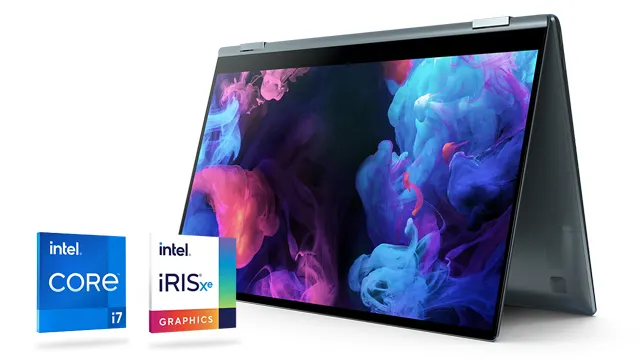 Portátil abierto mostrando un fondo abstracto azul y rosa, con logos Intel Core i7 e Iris Xe.