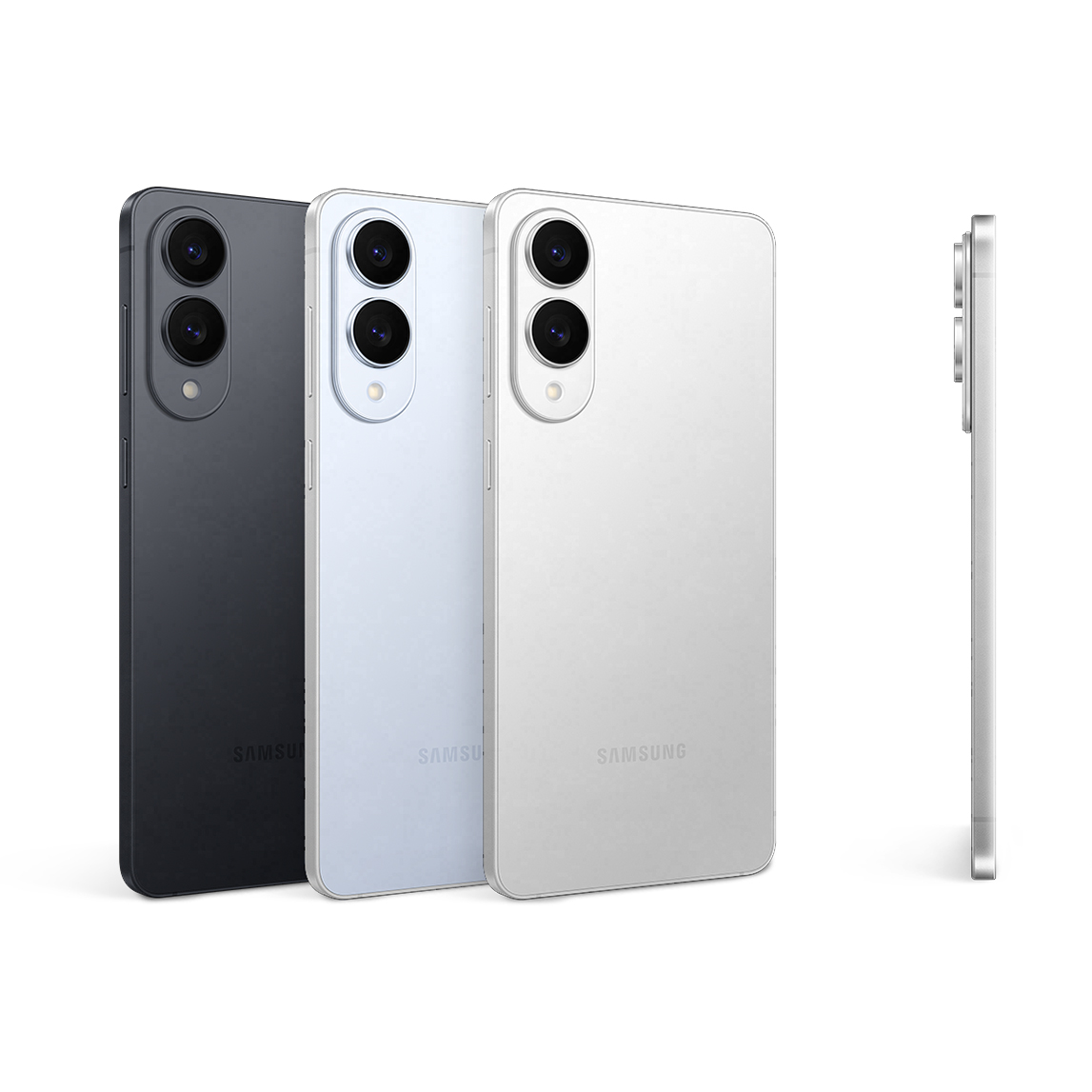 Tres teléfonos móviles de color negro, azul claro y blanco con dos lentes de cámara se muestran junto a un teléfono móvil plateado de lado.