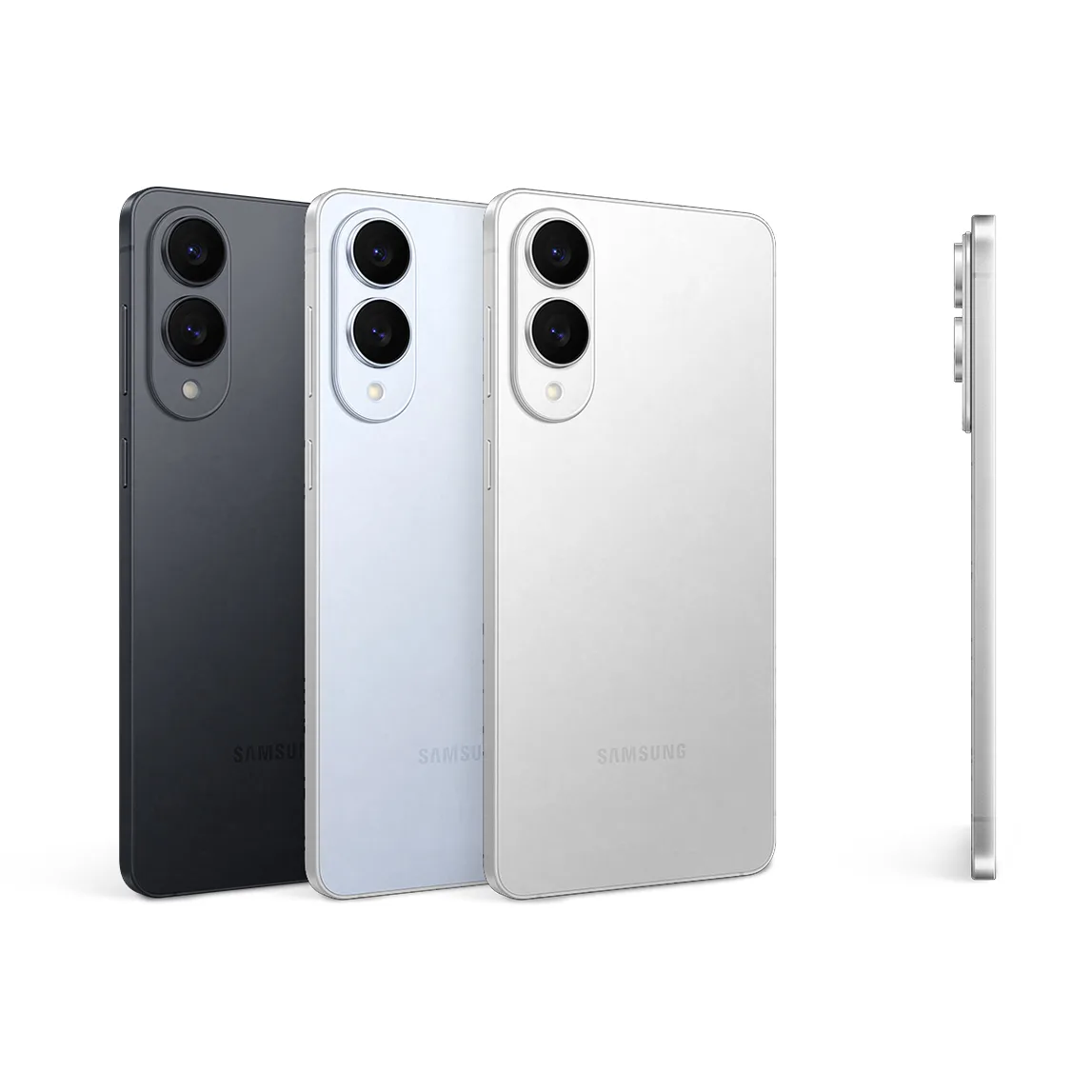 Tres teléfonos móviles de color negro, azul claro y blanco con dos lentes de cámara se muestran junto a un teléfono móvil plateado de lado.