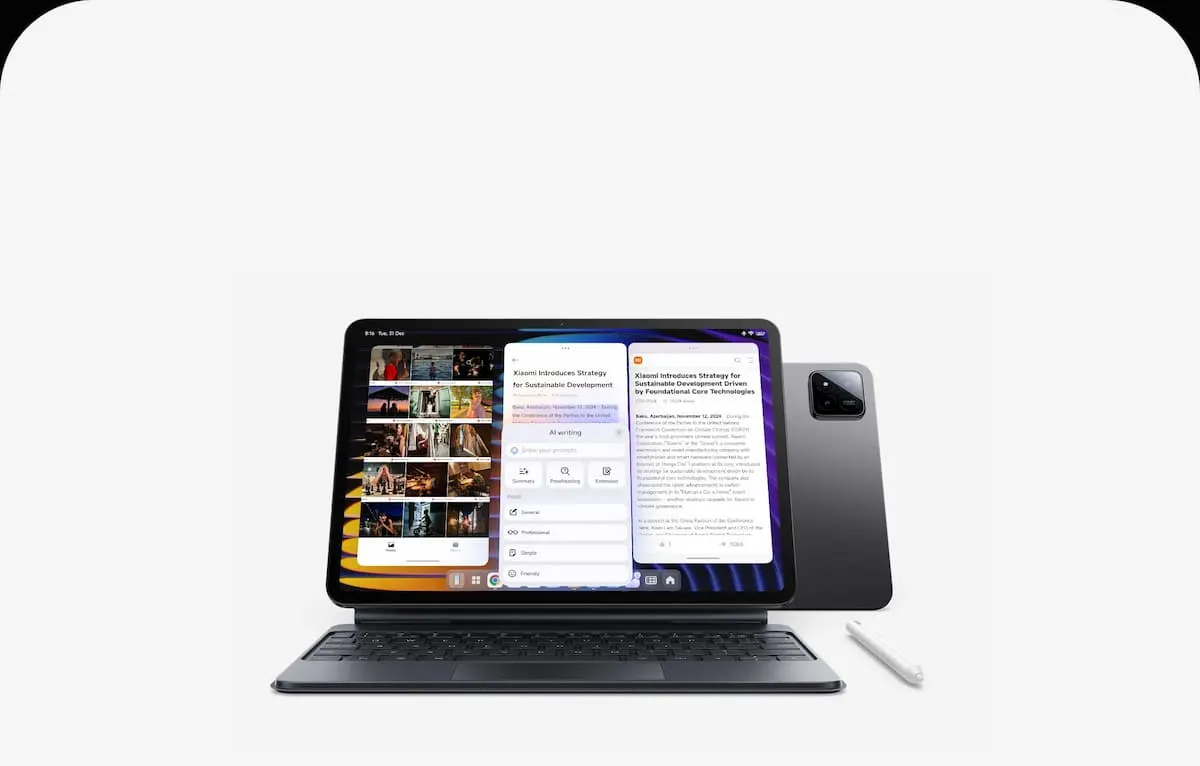 Dos tablets con teclado y lápiz óptico, mostrando pantalla dividida con aplicaciones de video y texto.