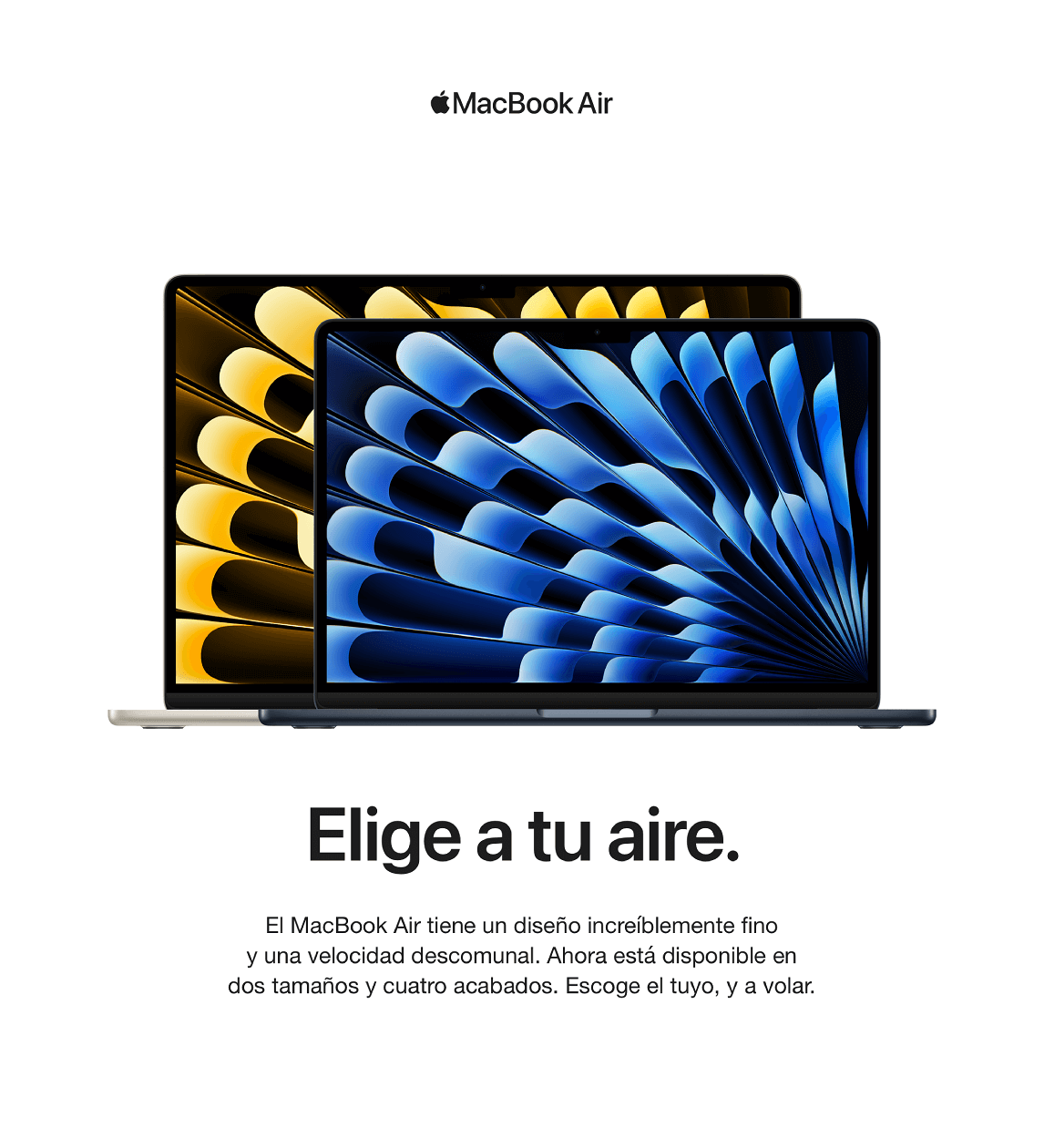 Dos computadoras portátiles MacBook Air una encima de la otra, con pantallas que muestran diseños abstractos en amarillo y azul.