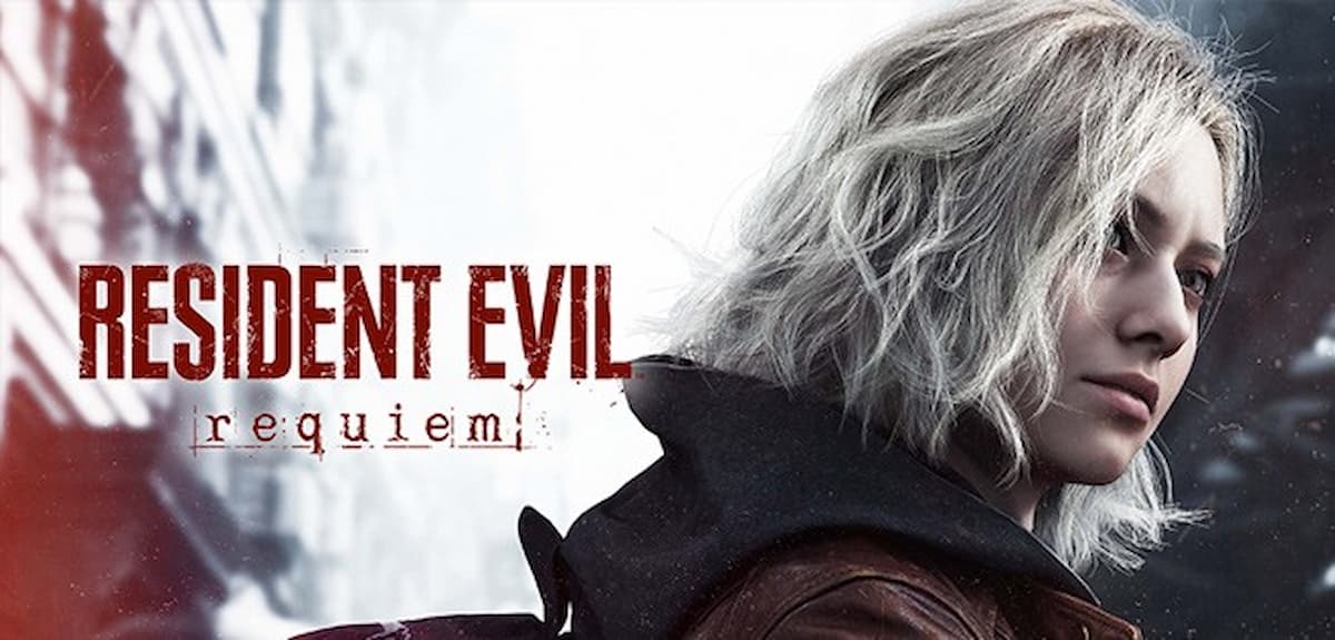 Cartel de “Resident Evil: Requiem” con una joven de pelo rubio corto mirando hacia un lado sobre fondo urbano borroso.