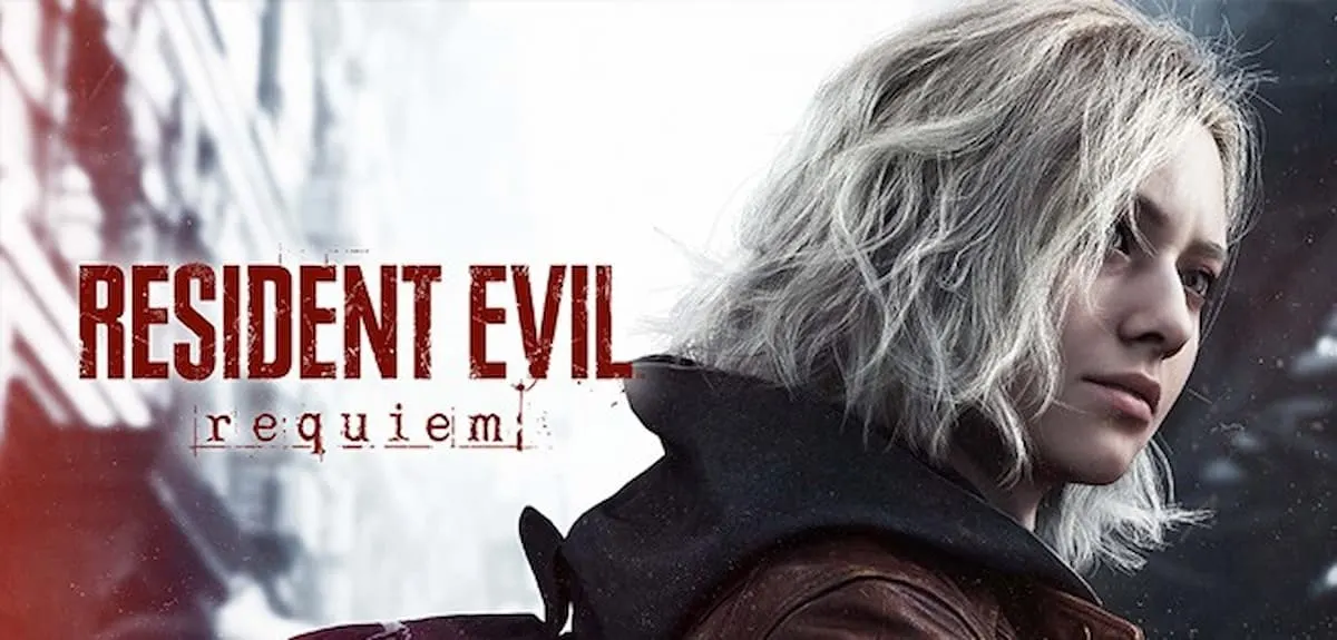 Cartel de “Resident Evil: Requiem” con una joven de pelo rubio corto mirando hacia un lado sobre fondo urbano borroso.