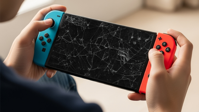 Manos sostienen consola con pantalla rota. El mando izquierdo es azul y el derecho, rojo. De fondo una habitación.