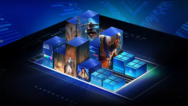 Cajas azules con personajes de videojuegos sobre un fondo azul oscuro con texto que dice: "Diseñados para las necesidades de los gamers actuales".