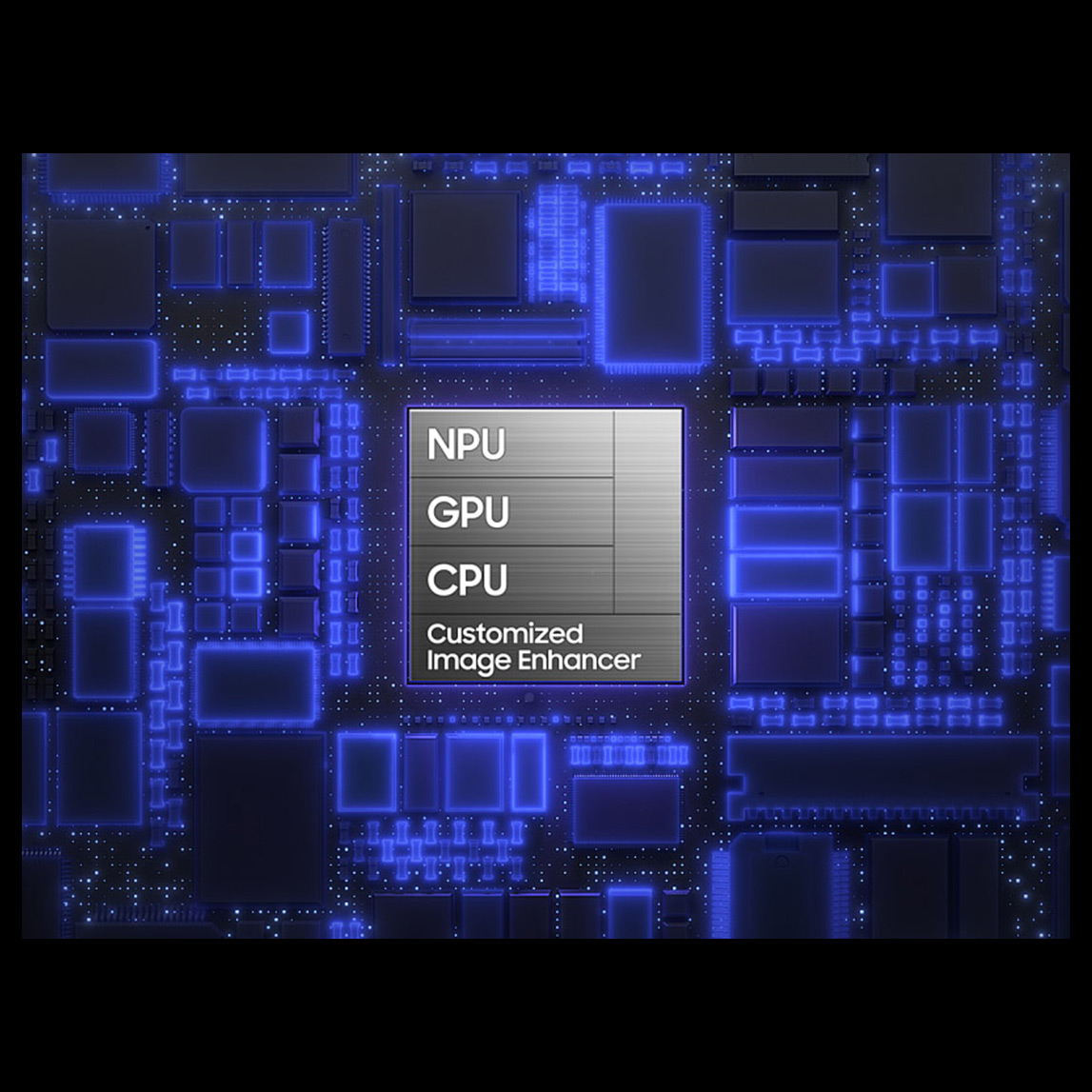 Chip del Galaxy S26 Ultra con NPU, GPU y CPU, destacando potencia y procesamiento con Galaxy AI