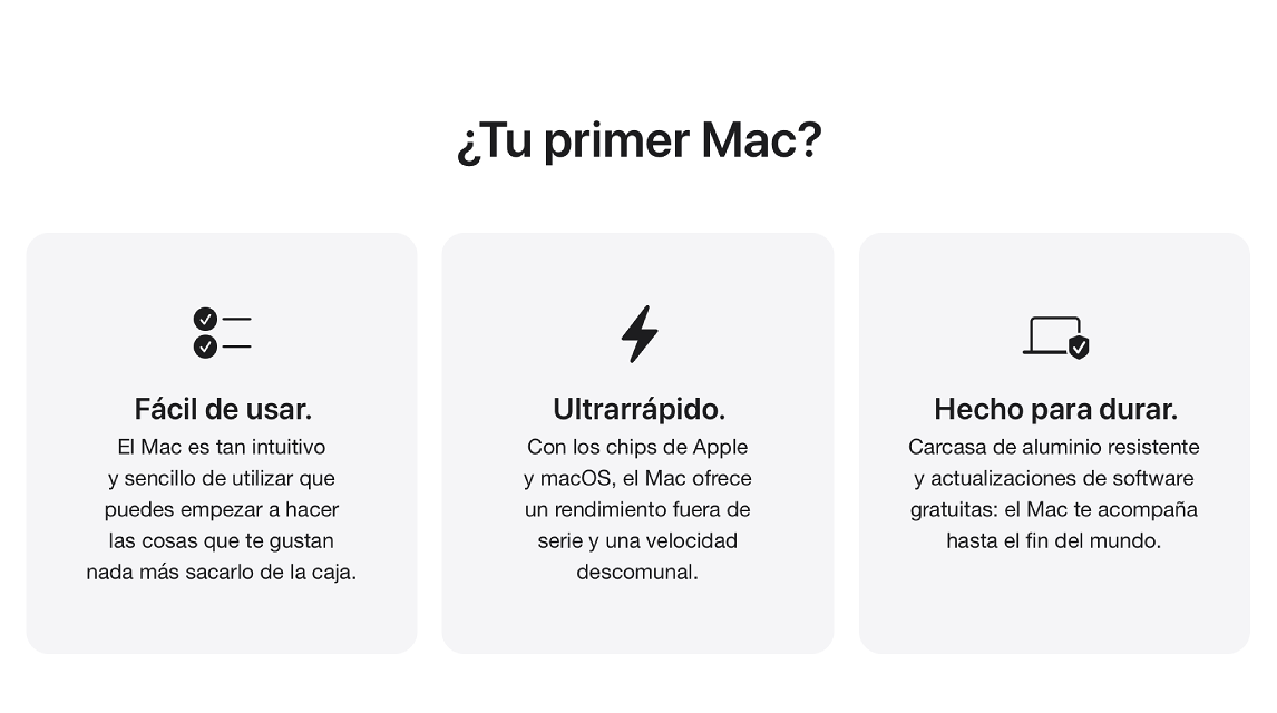 Texto promocional sobre Mac con íconos y texto: "Fácil de usar", "Ultrarrápido" y "Hecho para durar" sobre fondo blanco.