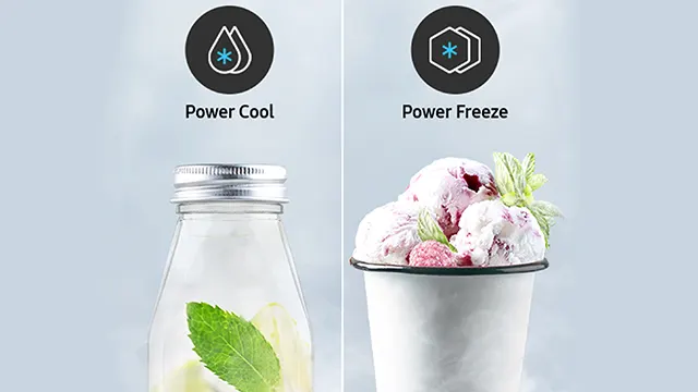 Botella y helado con los iconos “Power Cool” y “Power Freeze” arriba, simbolizan funciones de enfriamiento y congelación rápida.