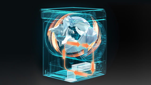 Interior de una secadora con ropa dentro y unas flechas que indican el funcionamiento de la bomba de calor.