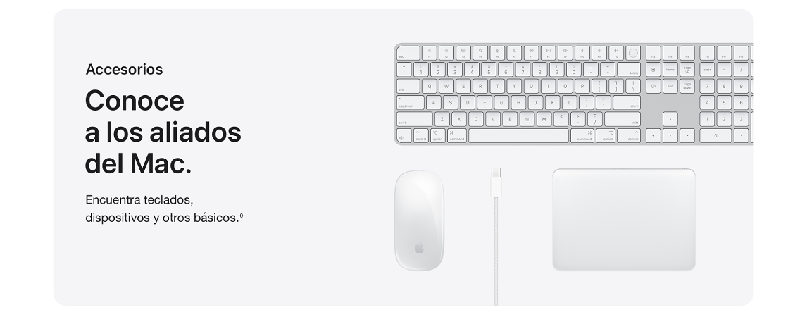 Teclado, ratón, cable USB-C y trackpad sobre fondo blanco. Texto promocional sobre accesorios Mac a la izquierda.