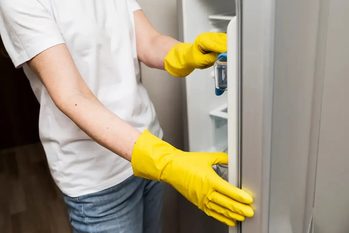 Persona abriendo un refrigerador gris con guantes amarillos, vestida con camiseta blanca y pantalones azules.