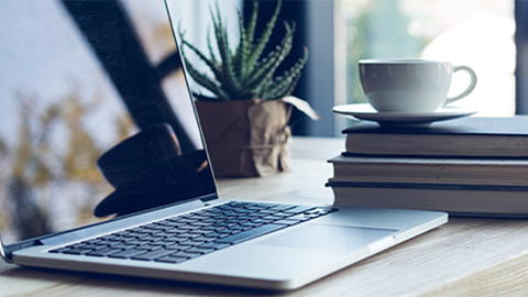 Un portátil abierto sobre una mesa de madera, al lado de una planta, una taza blanca sobre libros apilados y una ventana.