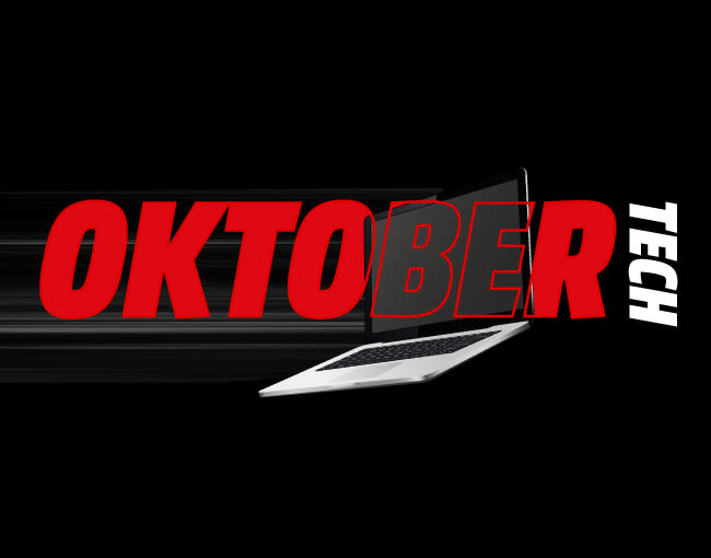 'OKTOBER’ en rojo con efecto de velocidad y ‘TECH’ en blanco; portátil parcialmente visible sobre fondo negro.