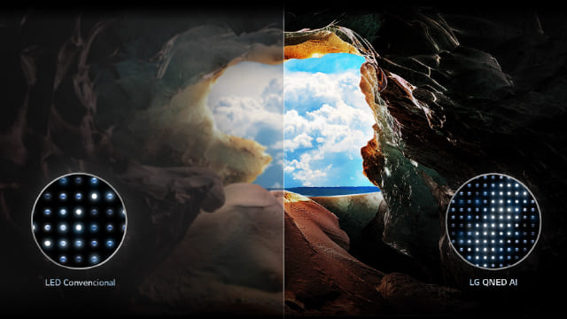 Comparativa de cueva: lado LED convencional oscuro y lado QNED MiniLED con salida luminosa al cielo azul.