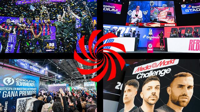 Montaje de eventos: equipo celebra con confeti, escenarios con pantallas, público y camiseta "MediaMarkt Challenge".