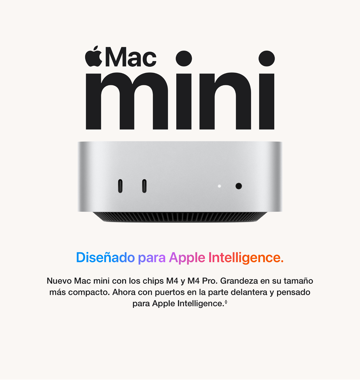 Texto promocional de Mac mini, con dispositivo plateado sobre base negra. Logotipo "Mac mini" en negro arriba. Texto azul abajo.