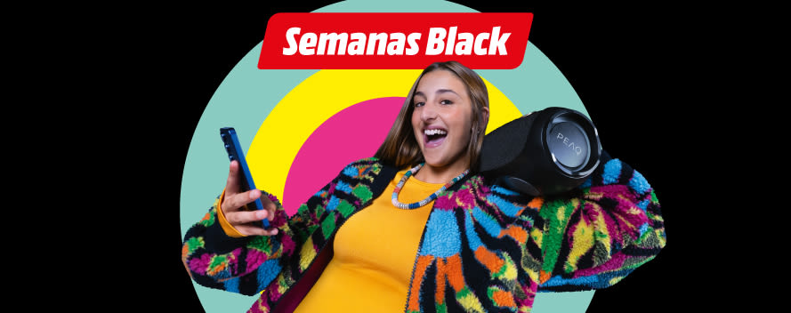 Banner promocional "Semanas Black" con mujer sonriente, altavoz y móvil; fondo colorido y botón "Ver ofertas"