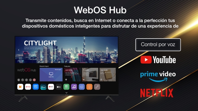 Televisor con interfaz WebOS, mostrando apps como YouTube, Prime Video y Netflix. Control por voz disponible. Fondo de ciudad nocturna.