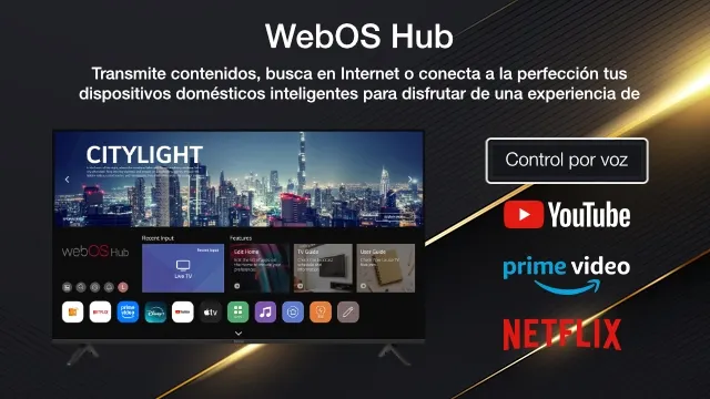 Televisor con interfaz WebOS, mostrando apps como YouTube, Prime Video y Netflix. Control por voz disponible. Fondo de ciudad nocturna.
