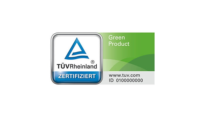 Logotipo de TÜV Rheinland "Producto Verde" con un triángulo azul sobre texto blanco, junto a un bloque verde con texto blanco.