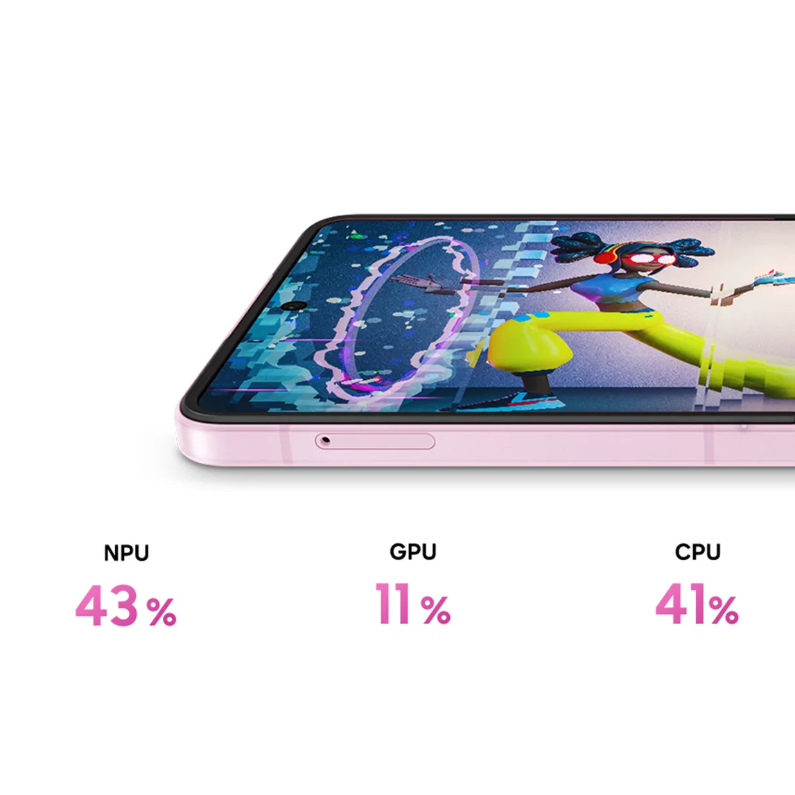 Galaxy Z Flip rosa ejecutando un videojuego con mejoras de rendimiento en NPU, GPU y CPU.