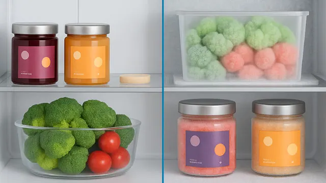 Comparativa de alimentos frescos vs. con escarcha en nevera.