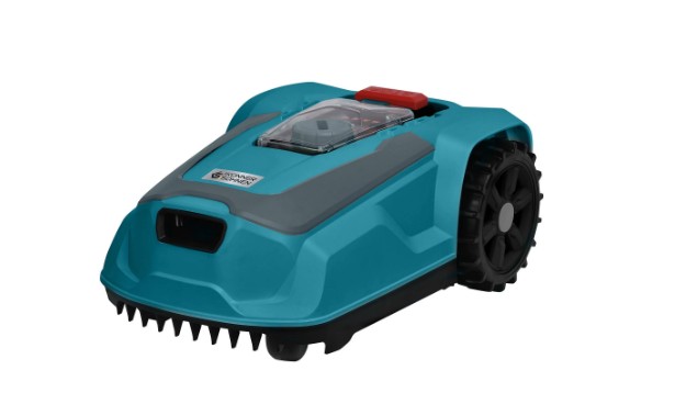 Robot cortacésped automático de color azul con ruedas grandes y diseño compacto.