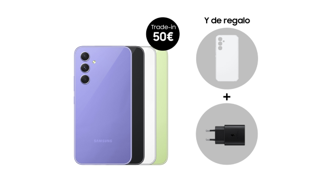Cuatro teléfonos: uno lila, uno negro, uno blanco y uno verde, más un teléfono blanco y un cargador negro de regalo.
