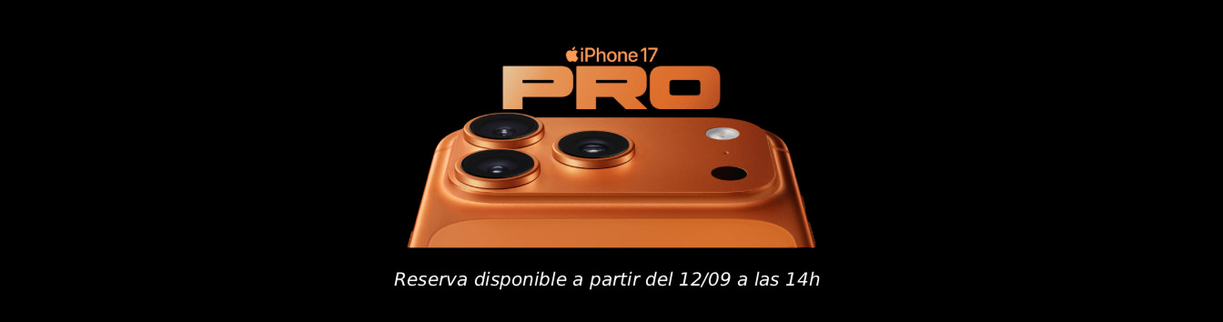 Banner promocional del iPhone 17 Pro: primer plano del módulo de triple cámara en color naranja cósmico sobre fondo negro. Texto en pantalla: “iPhone 17 PRO” y “Reserva disponible a partir del 12/09 a las 14h”.