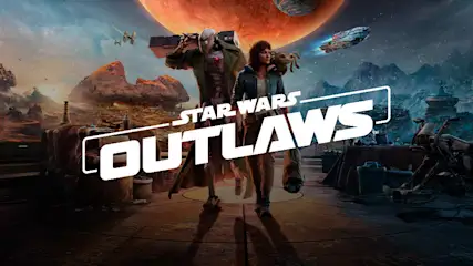 En primer plano, el título "Star Wars Outlaws" con dos figuras y un marsupial sobre un planeta rojizo y naves espaciales.