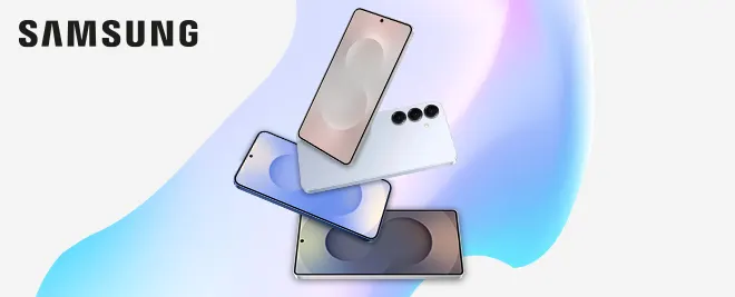Teléfonos Samsung Galaxy en colores pastel y metálicos sobre fondo degradado azul y rosa
