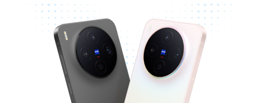 Dos smartphones vivo, uno gris oscuro y otro rosa claro, cruzados sobre fondo blanco con iconos azules, mostrando gran módulo circular de cámara Zeiss en la parte trasera.