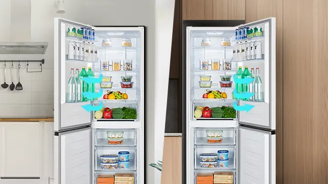 Dos frigoríficos de Hisense abiertos. Uno para la derecha y el otro para la izquierda para demostrar que la puerta es reversible