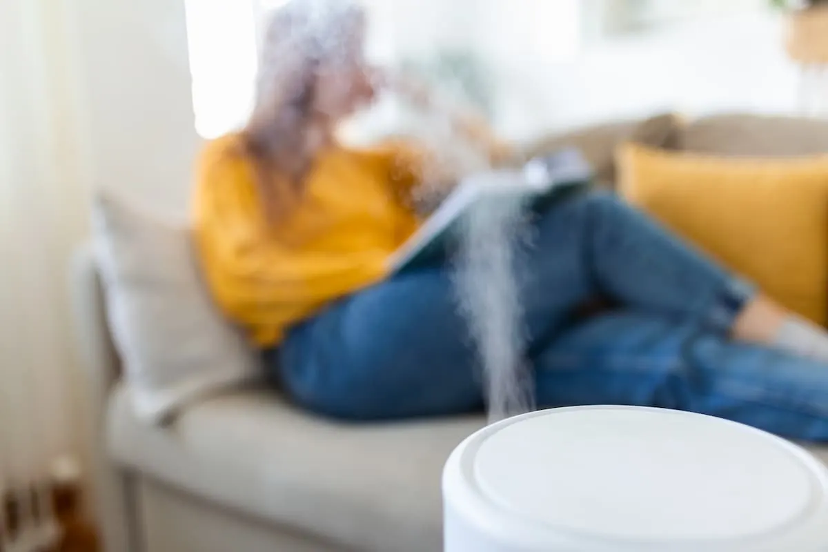 Humidificador en funcionamiento con una persona de fondo relajada en el sofá.