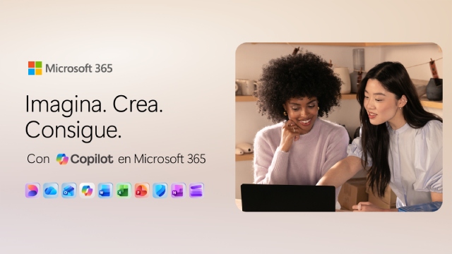 Banner de Microsoft 365: “Imagina. Crea. Consigue.” con Copilot en Microsoft 365. Dos personas colaboran frente a un portátil; iconos de apps abajo.