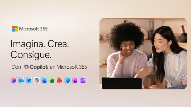 Banner de Microsoft 365: “Imagina. Crea. Consigue.” con Copilot en Microsoft 365. Dos personas colaboran frente a un portátil; iconos de apps abajo.