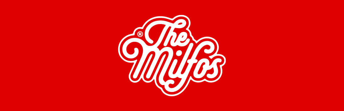 Logo "The Milfos" en letras blancas cursivas con borde doble sobre fondo rojo.