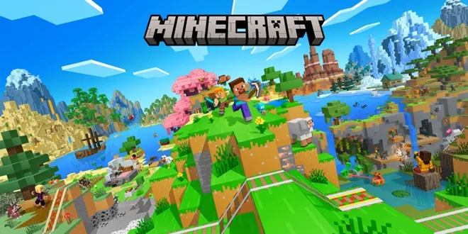 El logotipo de Minecraft está sobre un paisaje de bloques con montañas, árboles y agua. Dos figuras están en primer plano.