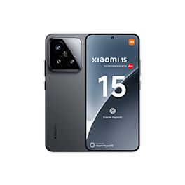 Teléfono móvil Xiaomi 15 mostrado desde dos ángulos: la parte trasera con tres cámaras y un flash LED en un módulo cuadrado, y la pantalla frontal con el logotipo de Xiaomi, el número 15 grande, y los textos 'co-engineered with Leica', 'Xiaomi HyperAI', y 'Xiaomi HyperOS'
