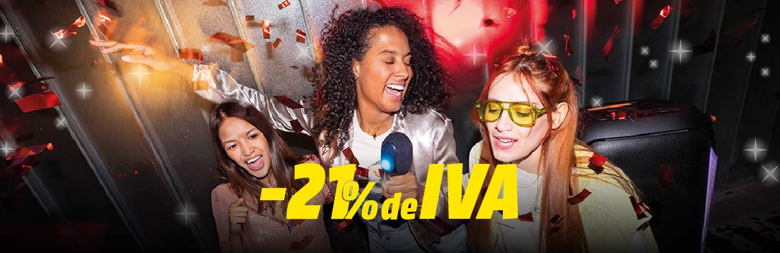 Grupo de personas celebrando entre luces y confeti en un ambiente festivo navideño, acompañado del texto “-21% de IVA”, destacando la campaña del Día Sin IVA.