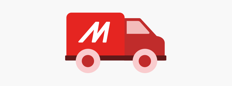 Camión rojo con una 'M' blanca en la parte trasera y ruedas circulares sobre un fondo blanco.